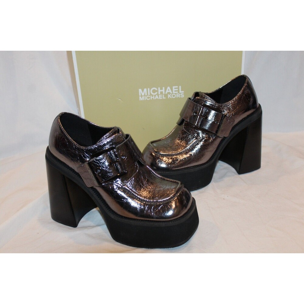 Michael Kors Colby Crackled Leather Platform Loafers Gunmetal NIB $225 SZ 7.5